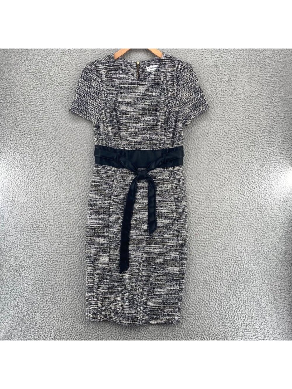Calvin Klein Dress Womens 4 Black White Boucle Knit Sheath Short Sleeve Belted